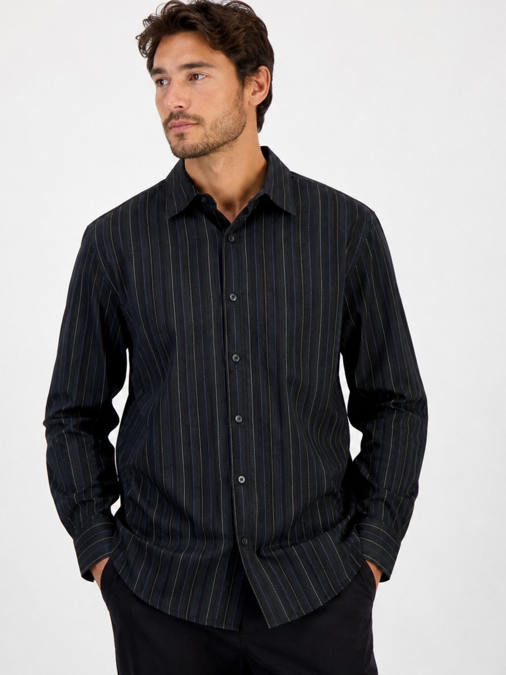 Alfani Black Blue Pinstripe Button-Up Dress Shirt XL
